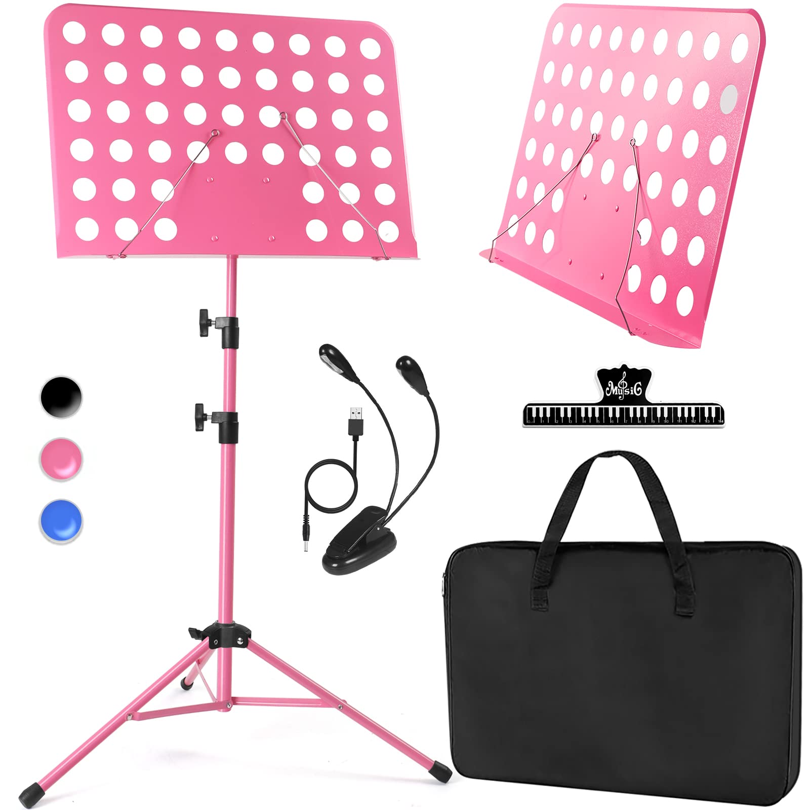 Photo 1 of lotmusic Pink Music Stand, Portable Music Sheet Stand, Foldable and Height-Adjustable Music Stand with Bag, Sheet Music Clip, Light, Suitable for Playing Musical Instruments and Traveling Out