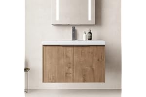 SSLine Wall Mounted Bathroom Vanity with Sink Combo Modern 30-Inch Single Bathroom Vanity Set with Top Basin & Storage Cabinet Brown Wood Hanging Bath Cabinet w/Resin Sink for Small Space (30"-Brown)
