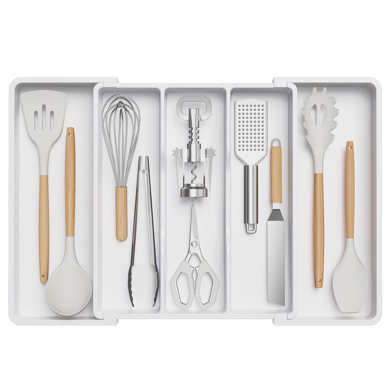 Lifewit Utensil Drawer Organiser, Extendable Cutlery Tray for Kitchen, Adjustable Silverware Flatware Holder, Plastic Kitchen Spatula Tools and Gadgets Storage Divider, Large, White
