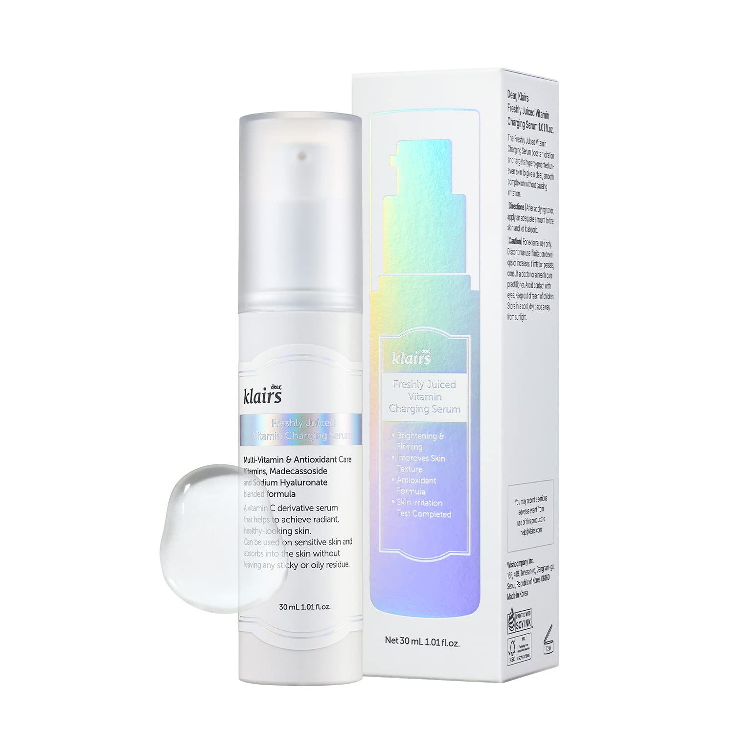 DearKlairs Freshly Juiced Vitamin Charging Serum, Korean Skincare, 3-O-Ethyl Ascorbic Acid 10%, Niacinamide, Non-oily texture for Sensitive skin