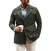 Pretifeel Mens Lightweight Safari Jacket Casual Military Button Up Multi-Pocket Cargo Coat Outwear