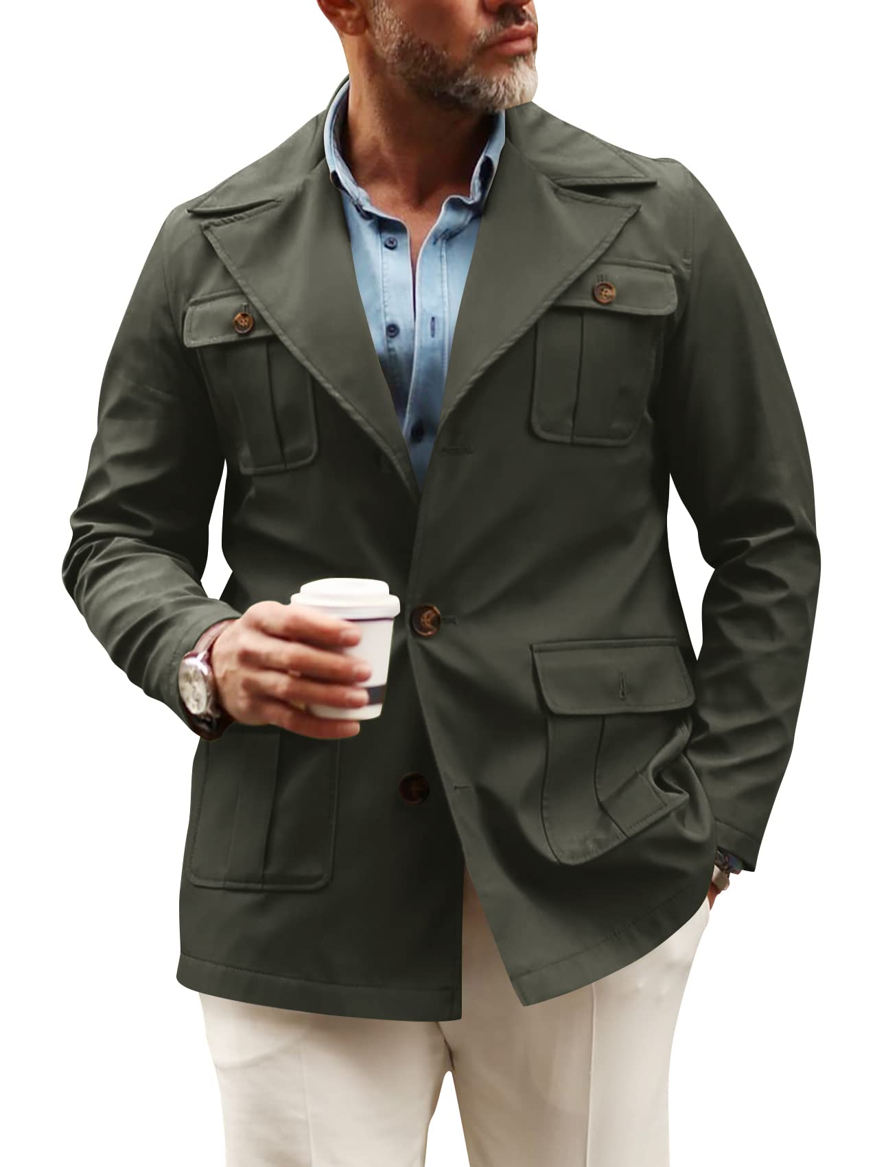 Pretifeel Chaqueta de safari ligera para hombre estilo militar informal con botones y múltiples bolsillos