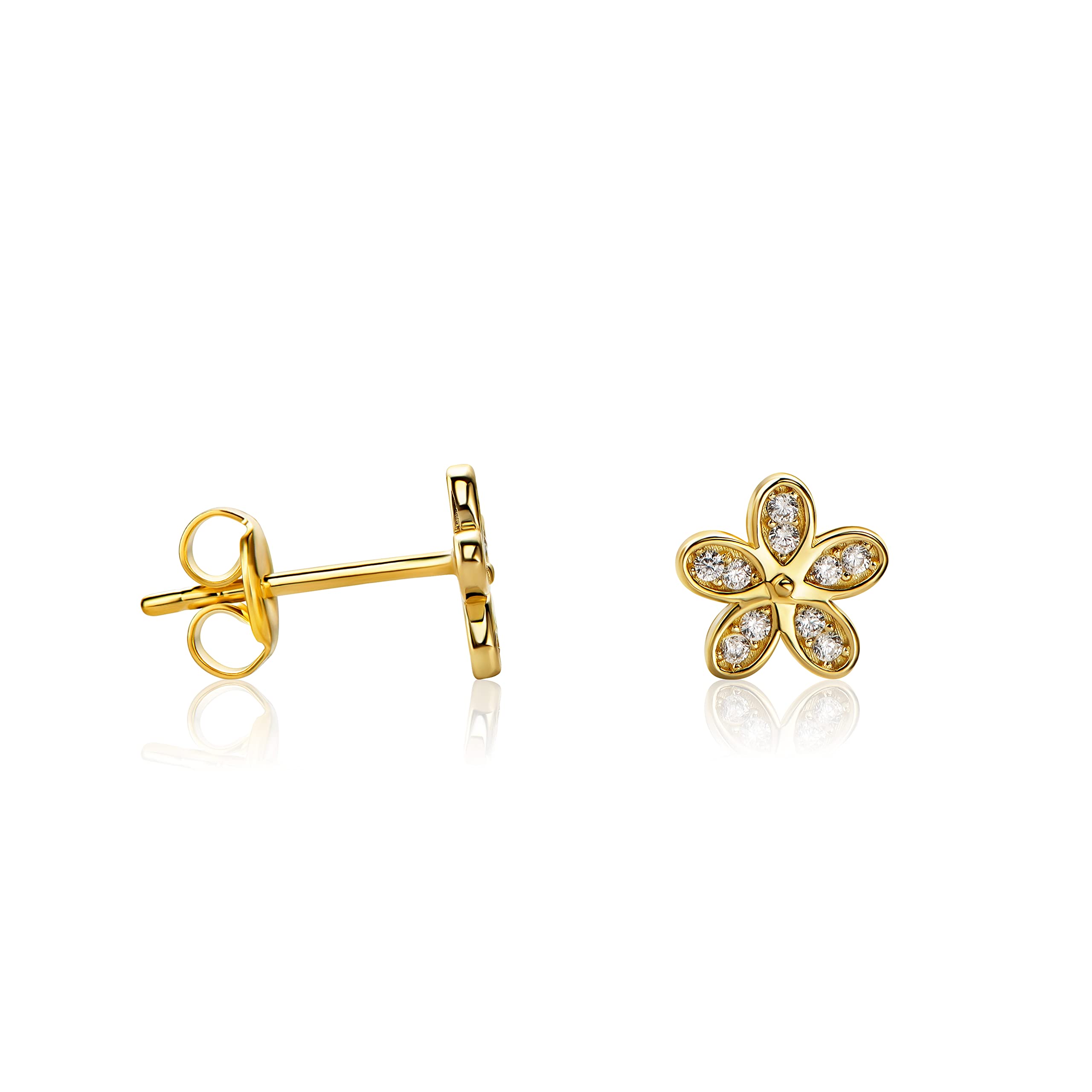 C-53 Stud Earrings 14 Carat Small Flower Earrings Made of 585 Yellow Gold with Cubic Zirconia, Gold, Cubic Zirconia