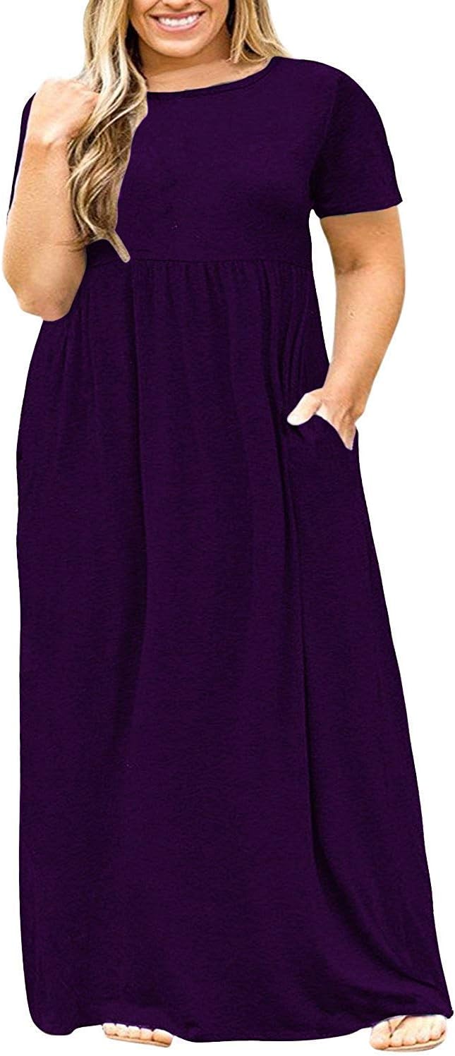 VISLILY Womens XL-4XL Plus Size Maxi Dress Long Sleeve Plain Long Dress with Pockets