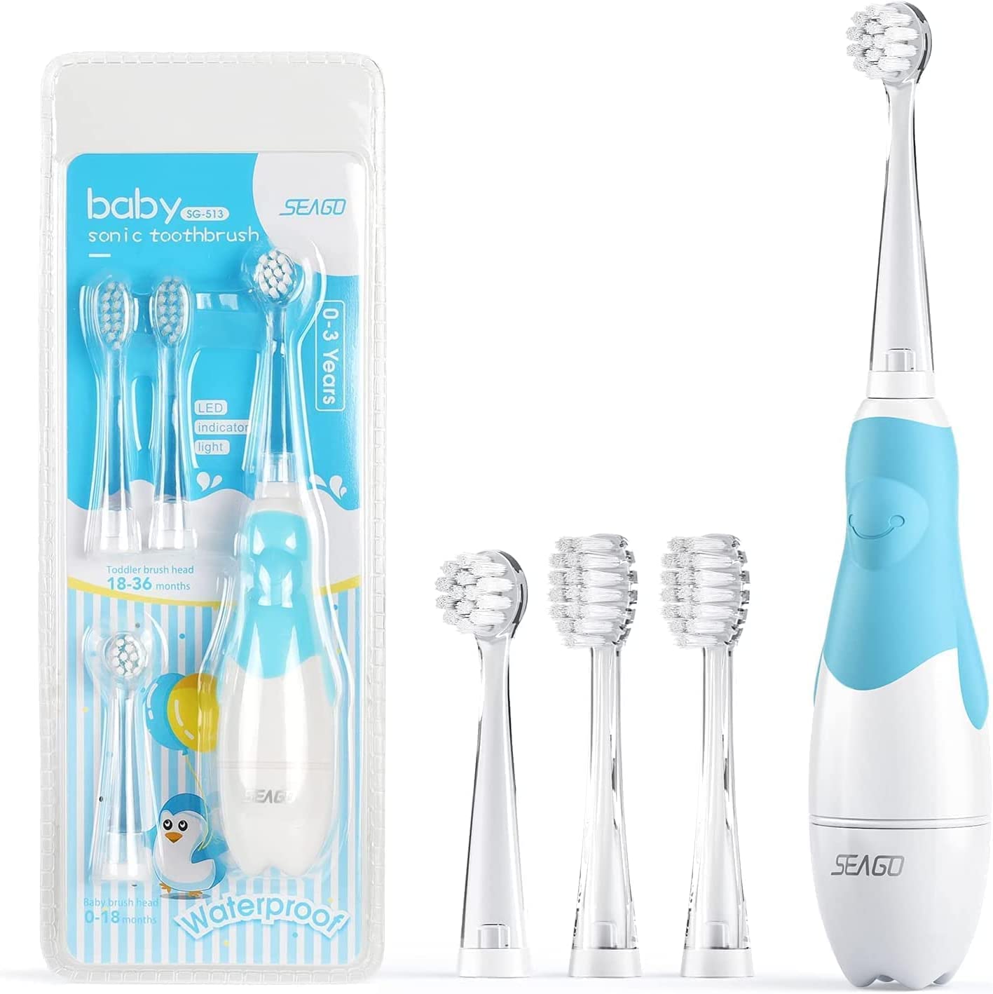 SEAGO SG-513 Blue Children's Sonic Toothbrush, Blue, 1xAAA 1.5V (not Included), 4 Tips