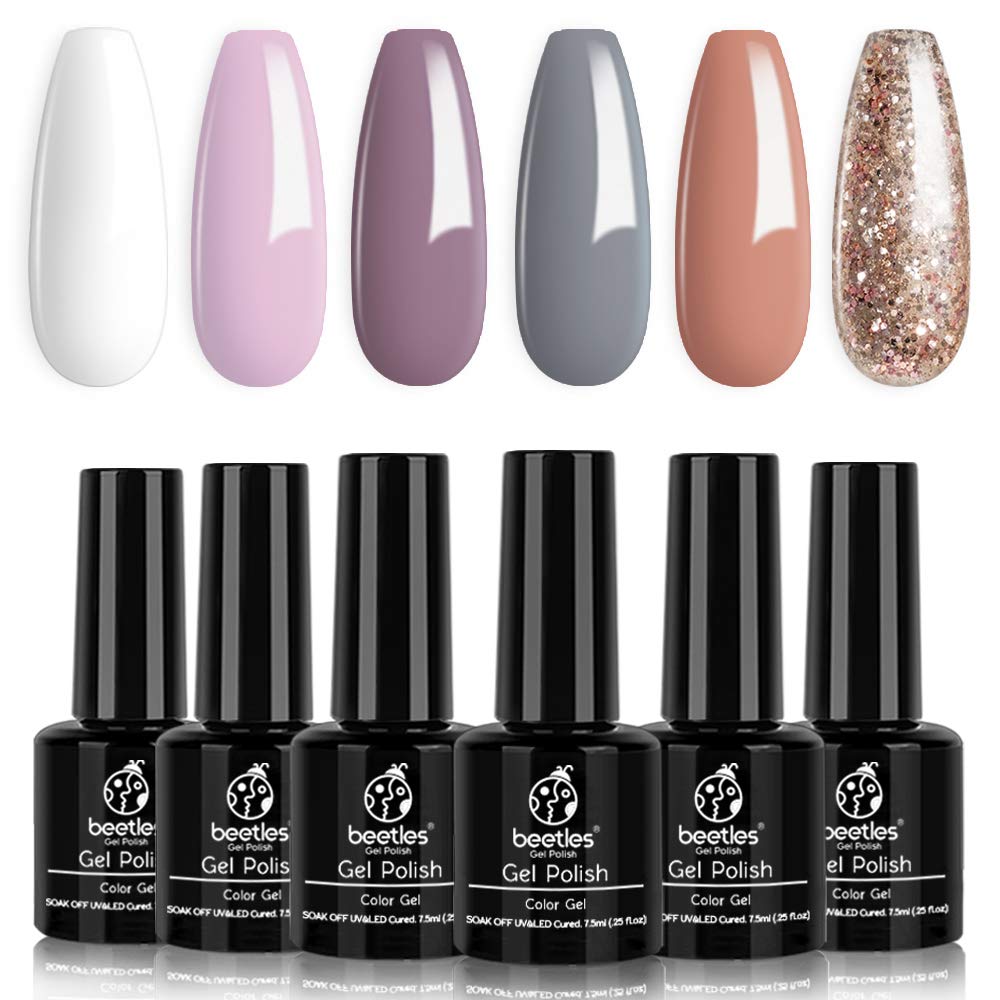 Beetles Gel Nail Polish Set, Weekend Getaway Collection Soft Pink Purple Nude Gel Polish Golden Glitter Coral Gel Nail Lacquer Kit Bridal French Nail Art Manicure Gift Kit, 7.3ml Each Bottle
