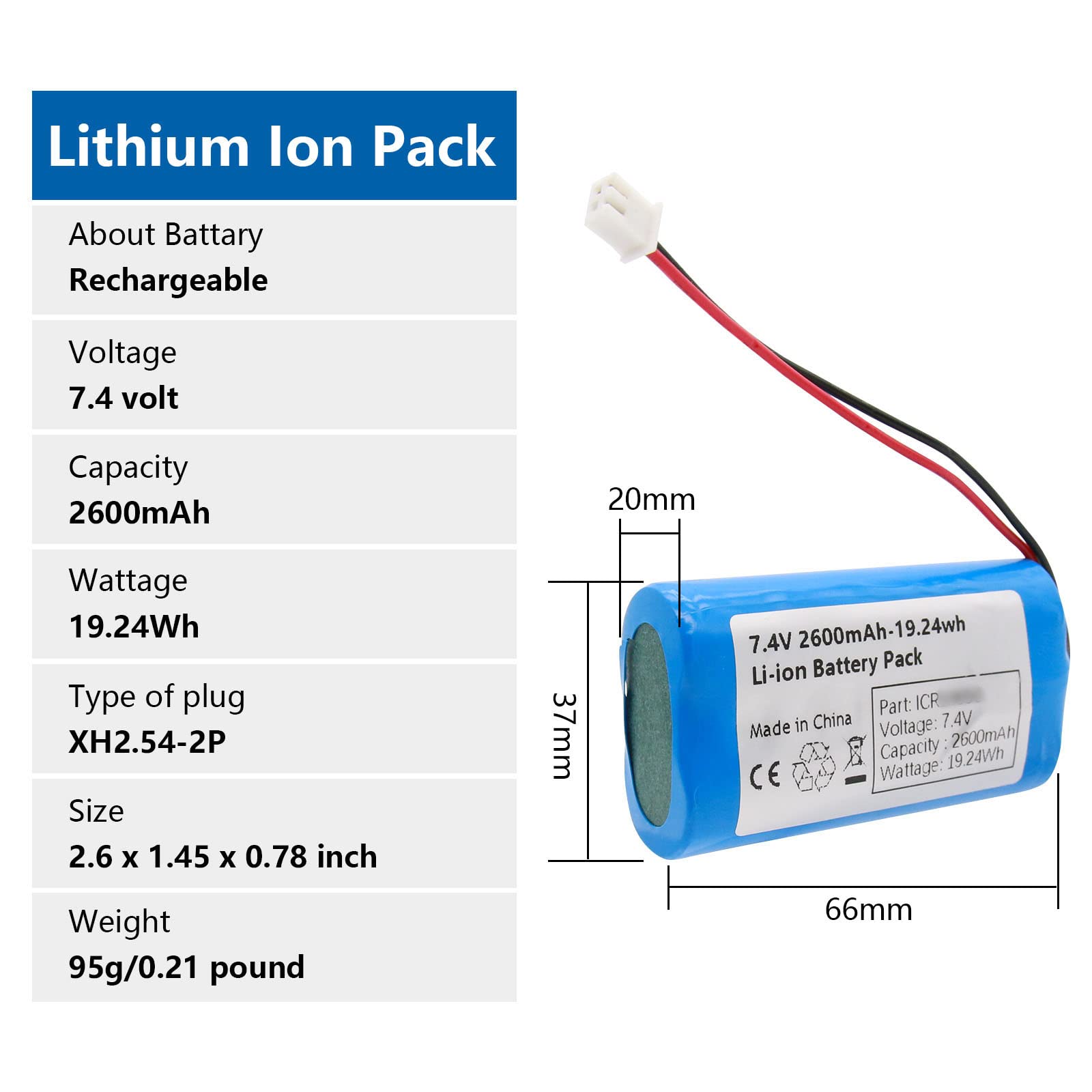 7.4V 2600mah-19.24Wh Rechargeable Li-ion Battery Pack, Replacement Batteries with XH2.54-2P Connector, for DIY Electronics Products, Toys, Lighting, Equipment