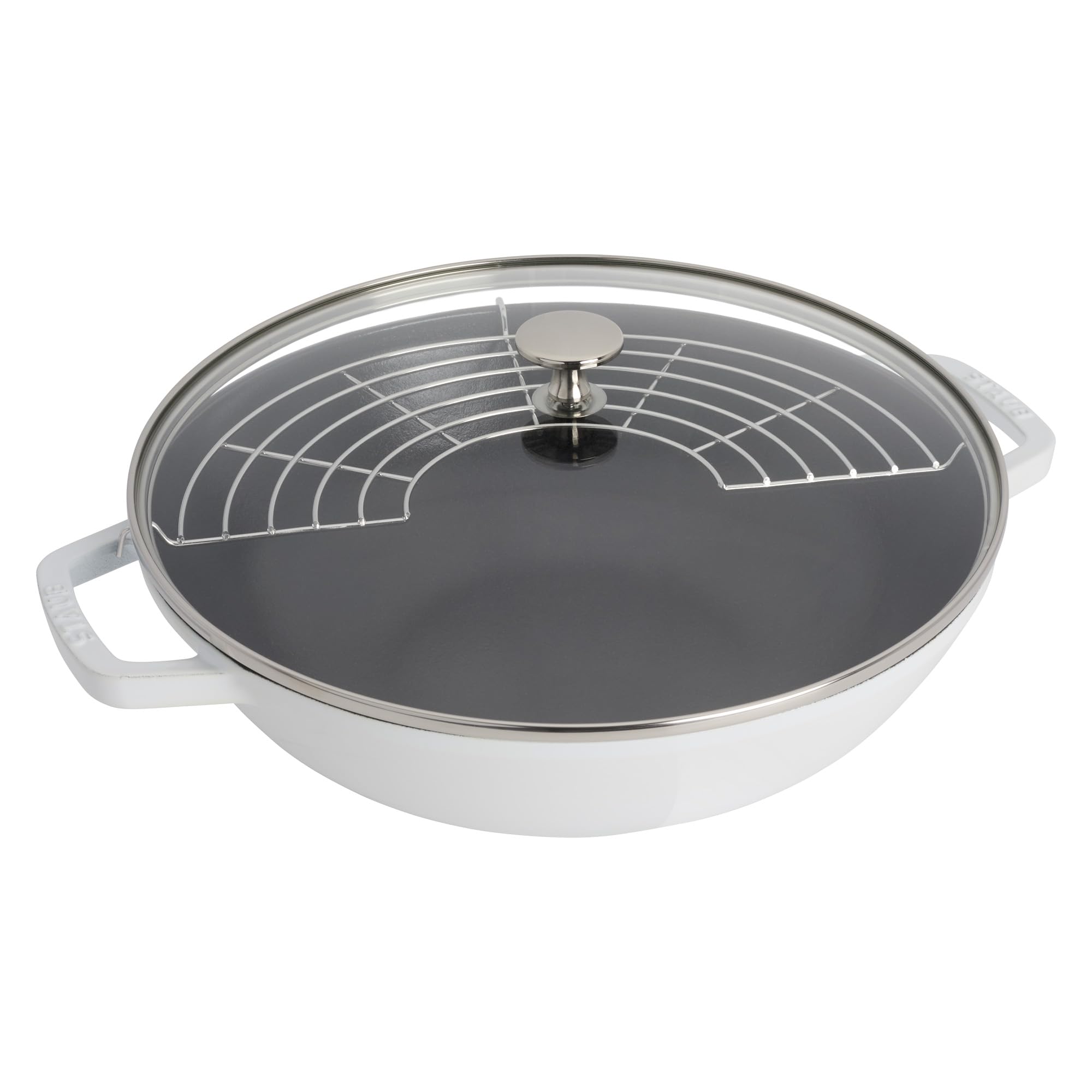 Photo 1 of (missing silver tray)(used) Staub Cast Iron Perfect Pan, Dutch Oven, 4.5-quart, serves 4-5, Made in France, White