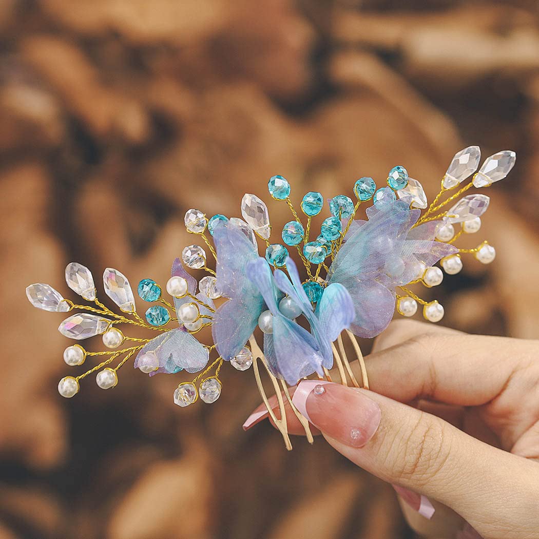 IYOU Bridal Wedding Hair Combs Blue Butterfly Headpiece Pearl Crystal Hair Pieces Flower Girl Hair Accessories for Women and Girls