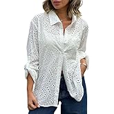 chouyatou Women's Crochet Eyelet Button Down Rolled Up Long Sleeve Boho Shirt Blouse Tops