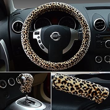 HCMAX 3 Pack Plüsch Weich Fahrzeug Lenkradabdeckung Bequem Winter Auto Lenkradschutz Universal Durchmesser 38cm (15') Leopard