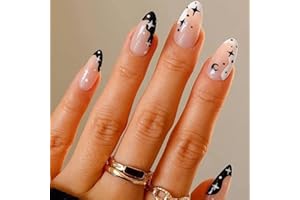GLAMERMAID Black Press on Nails Medium Almond, Emo Fake Nails Short with Gothic Eyes Desgin, Dark Moon Glossy Gel Acrylic Stiletto Stick on False Nails Set, Reusable Glue on Nails for Women Girls Gift