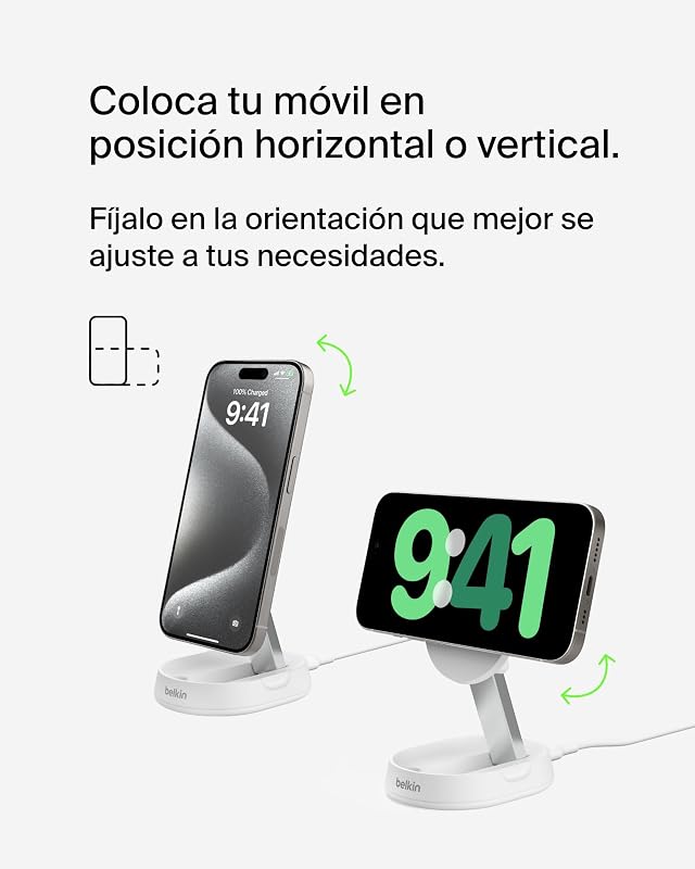 BoostCharge Pro Qi2 Carregador sem fios compatível com MagSafe, suporte de carregamento magnético conversível de 15W, para Apple iPhone 17, Air, Pixelsnap, AirPods, Adaptador de 20W - Branco
