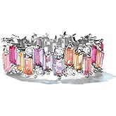 WES 925 Sterling Silver Colorful Rainbow Cubic Zirconia Eternity Rings for Women, Size 6-8