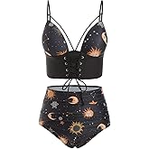 DRESSFO Women's High Waisted Bikini Sets Two Piece Padded Retro Vintage Tummy Control Swimsuit Gothic Bathing Suit