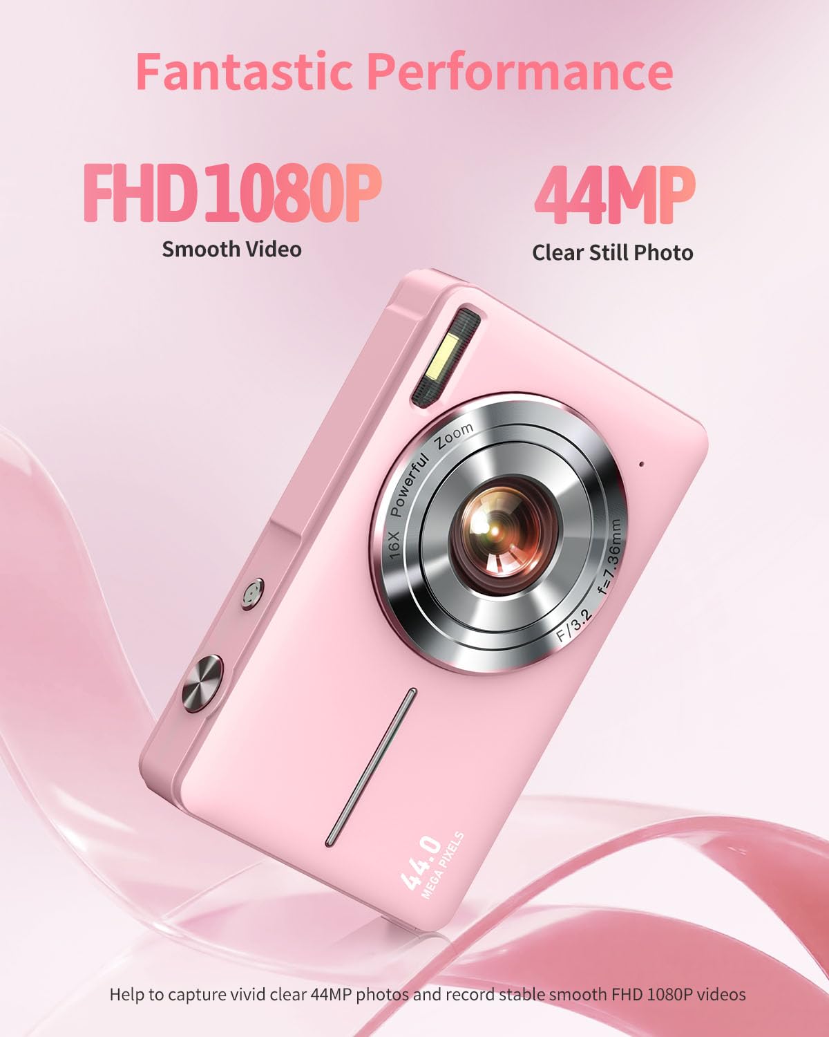 Digital Camera, FHD 1080P Point and Shoot Kids Camera, with 32GB Card, 2 Batteries, 16X Zoom Anti Shake Date Stamp, Compact Portable Small, for Starter Kid Children Teen Student Girl Boy(Pink)