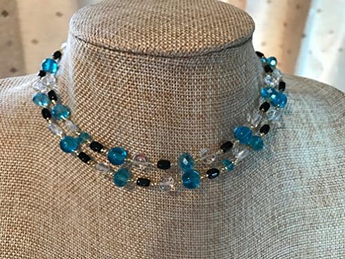 Turquoise Blue, Black, and Clear Czech Glass Beads Handmade Long Necklace with Gold Seed Bead Spacers