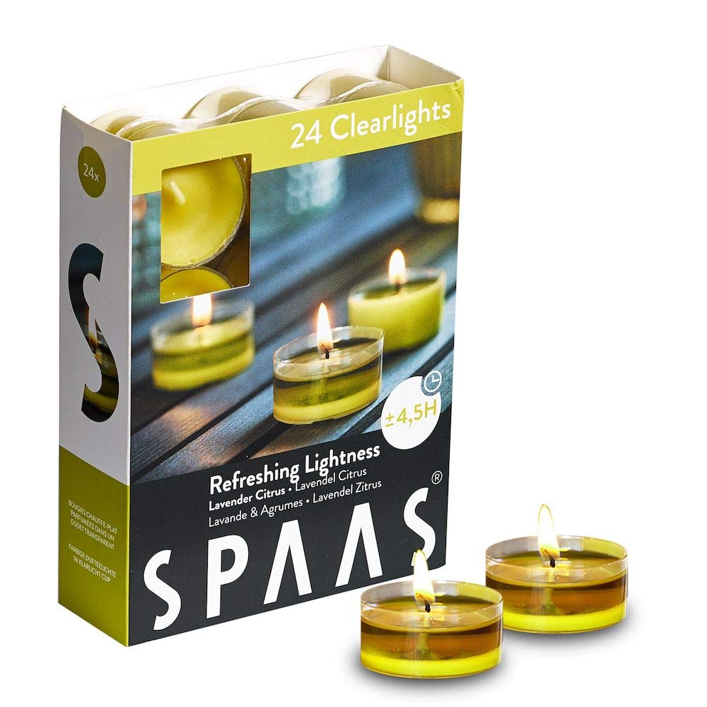 Spaas 24 Scented Clearlights, Tealights in Transparent Clear Cup, ± 4.5 Hours, Refreshing Lightness