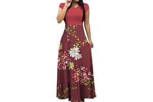JPVDPA Maxi Dress for Women Short Sleeve Crewneck Party Dress Flowy Loose Floral Dress Casual Empire Waist Long Dress