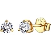 JustBeingCute 3-Prong Sterling Silver Earrings, Round CZ Colorful Stone Flat Back Studs Hypoallergenic Earrings for Women, Valentine's Day Engagement Jewelry Gifts—4/5/6/6.5/7.5/8mm
