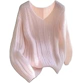 BEYINCUTE Womens Cute Pink Long Sleeve Pullover Sweaters 2025 Casual Loose V Neck Jumpers Basic Plain Ribbed Knit Tops