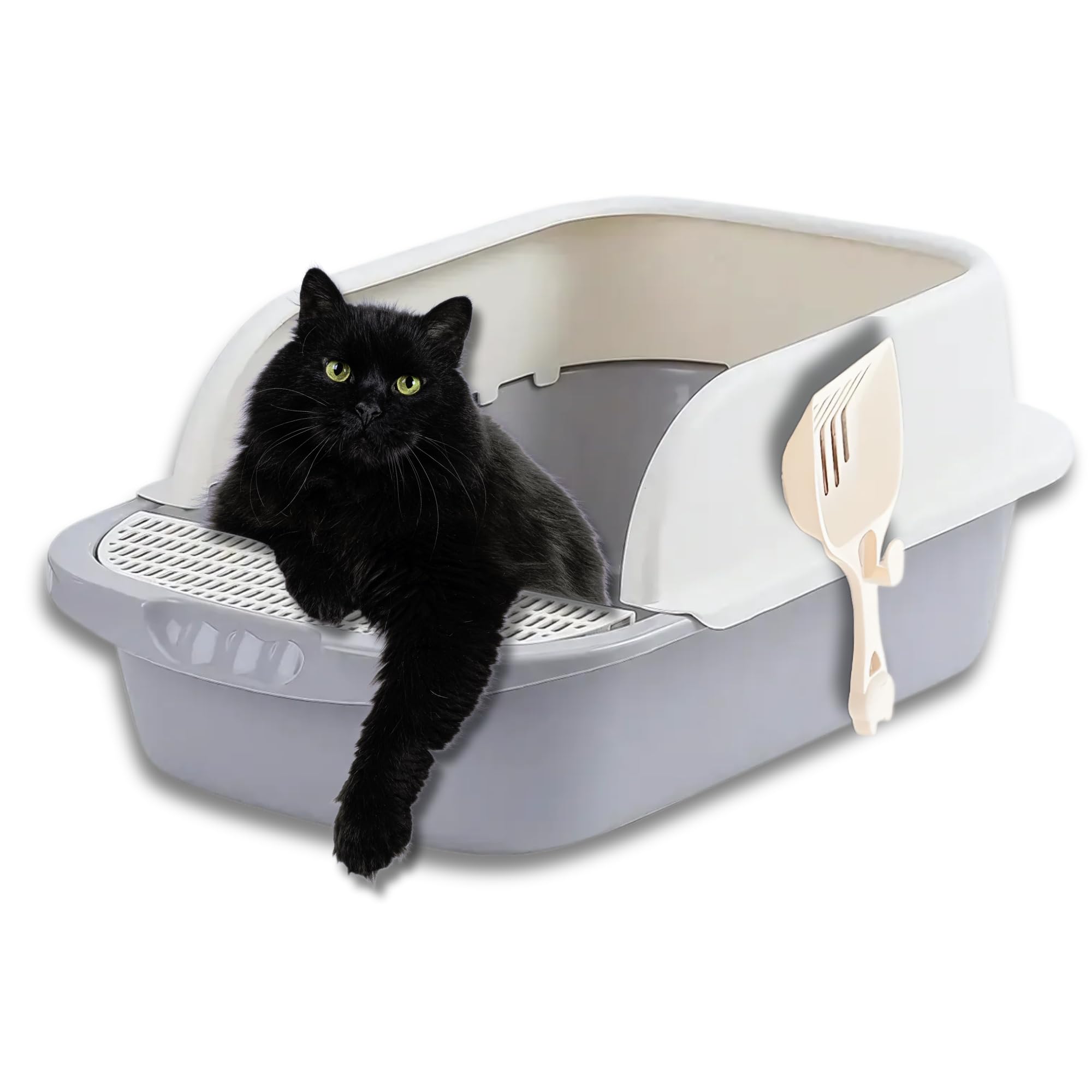 Photo 1 of Large Cat Litter Box with High Sides - Open Top Cat Litter Tray for Big Cats with Scoop & Scatter Shield, Easy Clean Plastic Kitty Litter Box (Grey)