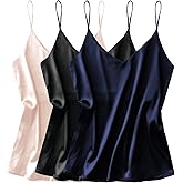 Ekouaer 3 Pack: Womens Silk Satin Tank Top V Neck Camisole Cami Spaghetti Strap Top Loose Sleeveless Blouses Tank Shirt