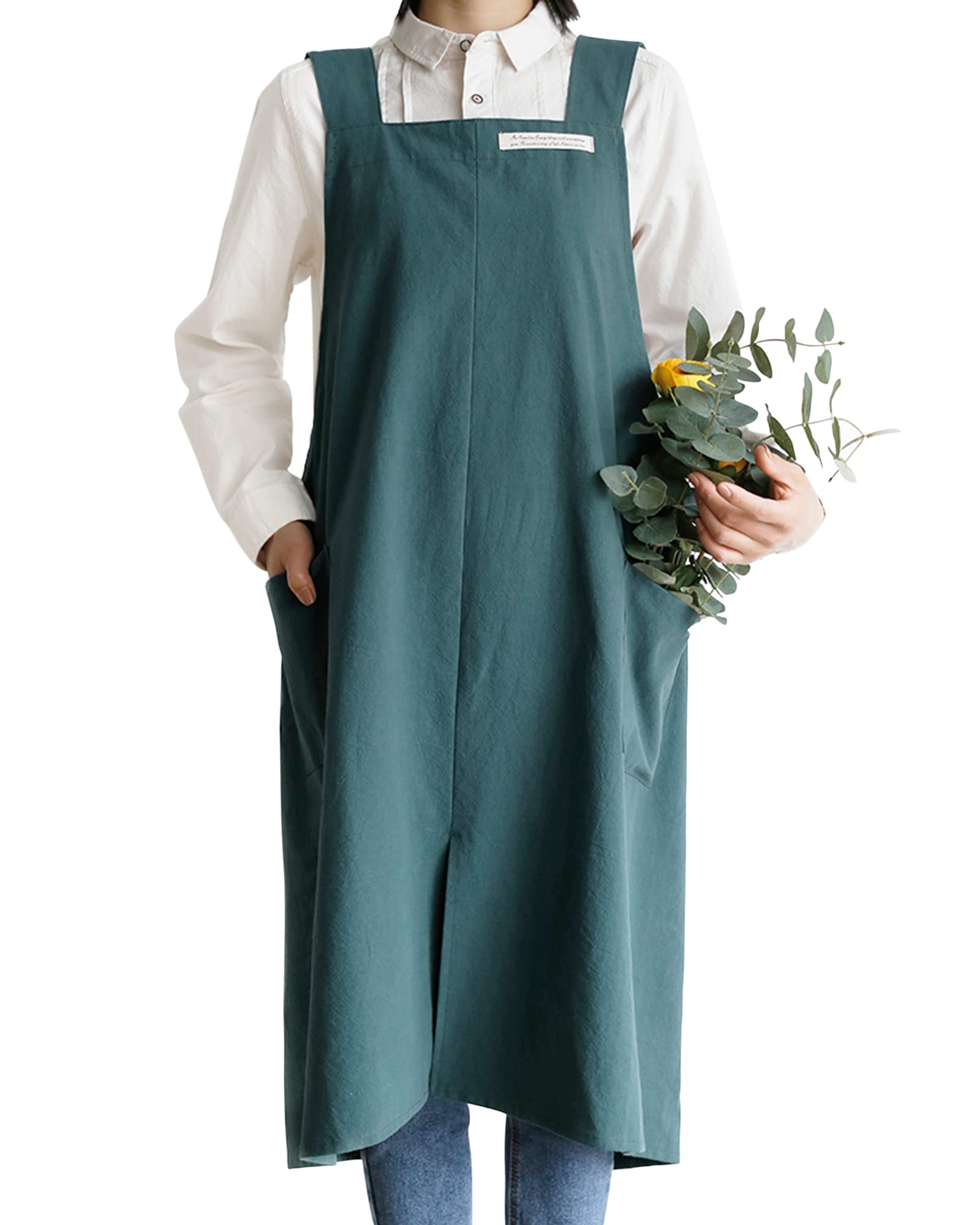 Small snail Apron Cotton Linen Solid Color Japanese Style Cross Bandage Halter Pinafore with Pocket Literature Art Flower Shop Clothing for Women Men Cooking Kitchen Casual Aprons Plus Size Dark Cyan