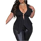 SOLY HUX Women's Plus Size Peplum Top Deep V Neck Short Sleeve Flowy Tee Shirts Clubwear