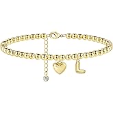 YOFECIO Gold Initial Bracelets for Women - Dainty Gold Beaded Bracelets for Women 14K Gold Plated Heart Initial Bracelets Balloon Letter A-Z Charm Bracelets Personalized Jewelry