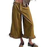 Eynuo Wide Leg Jeans Woman Mid-Rise Cropped Baggy Jeans Elastic Waisted Loose Fit Cute Ruffle Hem Denim Pants with Pockets
