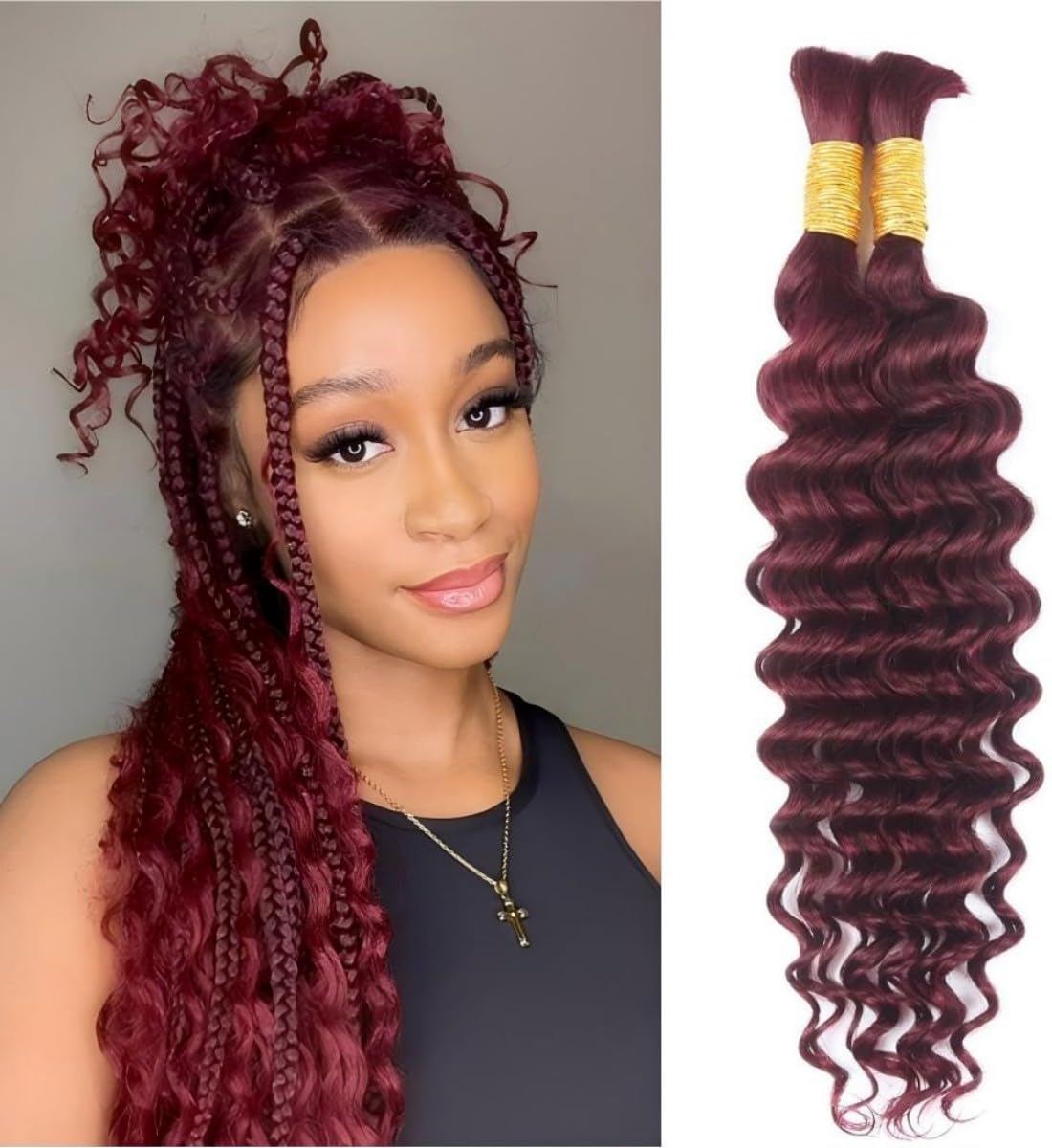 Sexycat Deep Curly Human Braiding Hair for Boho Braids 2 Bundles 18 Inch 100g，#99J Burgundy Water Wave Bulk Human Hair for Micro Braiding Wet and Wavy Human Hair Extensions