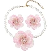 GYRMMUE Big Flower Necklace Earrings Set for Women,Vintage Camellia Pearl Choker Boho Colorful Statement Spring Summer Necklace Earrings Jewelry