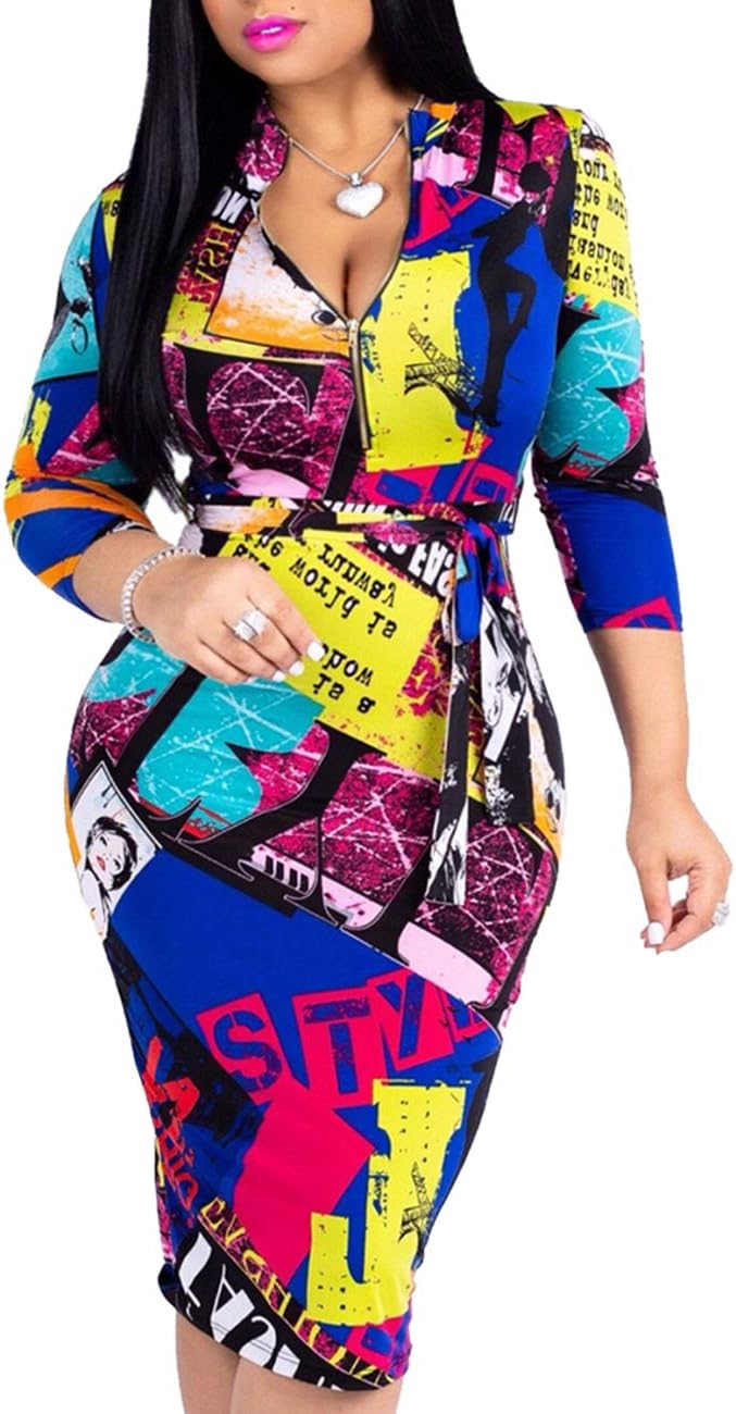 PerZealBodycon Dress for Women Casual 3/4 Sleeve Floral Club Pencil Party Midi Dresses