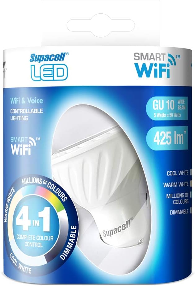 Panodyne Supacell LED Smart GU10 Dimmable White Light Bulb. Compatible with Alexa and Google Assistant. No hub Required, RGB