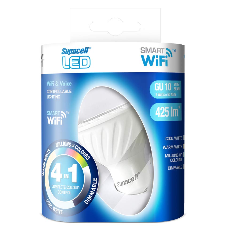 Panodyne Supacell LED Smart GU10 Dimmable White Light Bulb. Compatible with Alexa and Google Assistant. No hub Required, RGB, SWLWA60BCD9CW