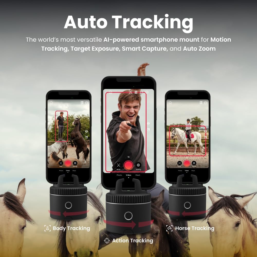 Pivo Equestrian Pod Essential Pack, Auto Face, Body, Horse Phone Tracking Holder, Ai-Powered 360° Rotation, Remote Control for Hands-Free Video Recording with Smart Mount, Travel Case & Tripod (Black)