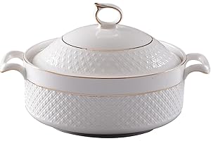 Soup Tureen Ceramic, 1.5L White Serving Bowls with Gold Border Double Handle Soup Tureen with Lid and Ladle Set for Pasta