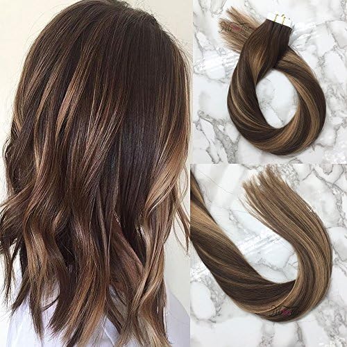 Misstar Balayage Ombre Medium Brown to Caramel Blonde Tape in Remy Human Hair 20pcs 50g 18" Seamless Ombre Hair Extensions Tape in Hair Hair