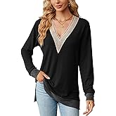 TUZIERDUO Women's Long Sleeve Tops Lace V Neck Color Block Basic Casual Tunic Tops 2025 Fall Loose Fit Tee Shirts Blouses
