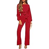 Bbkkuck Women's Dressy Jumpsuit Fall One Piece Long Sleeve Belt Pockets Wide Leg Pants Romper Business Casual Outfits