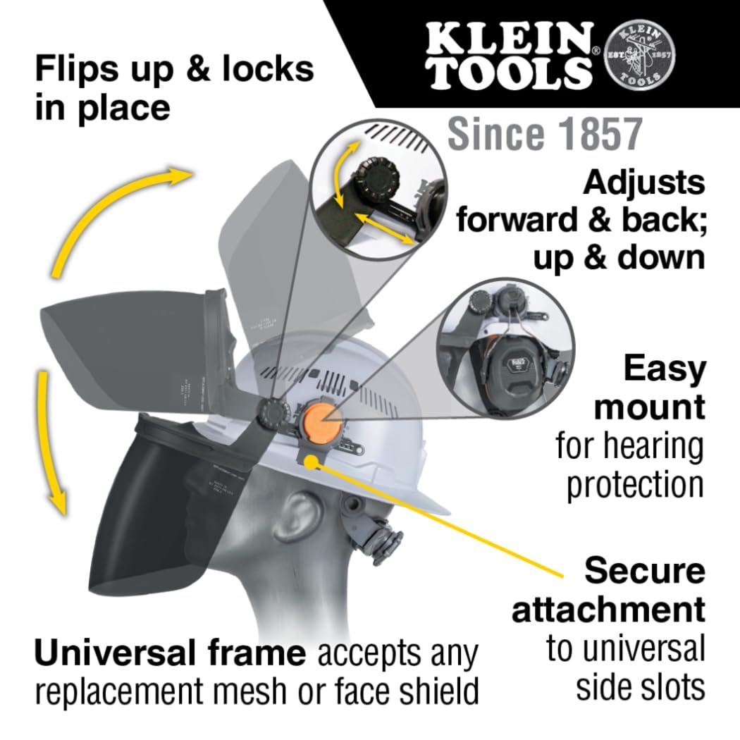 Klein Tools Face Shield for Safety Helmet and Cap-Style Hard Hats, Impact Rated, Anti-Fog, Low-Profile Design for Grinding