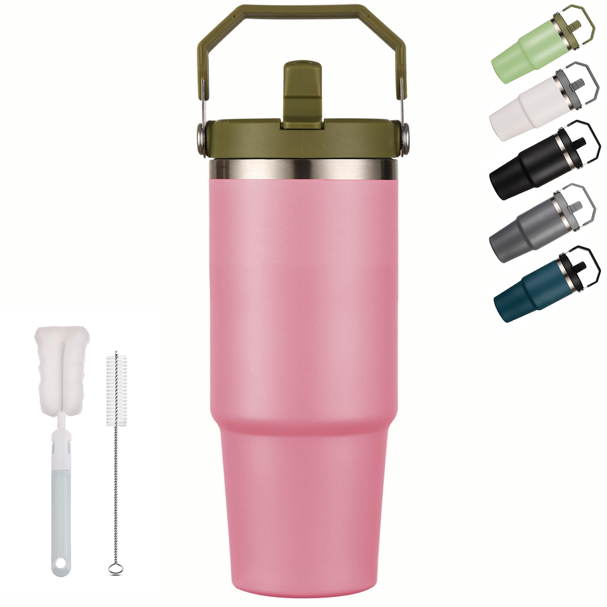 XIXIAMI Travel Mug with Handle 900ml-30oz Insulated Tumbler with Straw & Lid Leakproof Coffee Mug for Hot or Iced Drink |Stainless Steel Thermal Cup-Pink