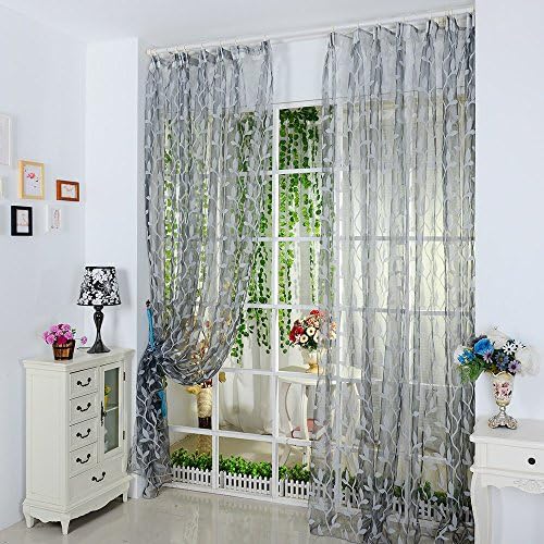 Proumy Sheer Curtain Leaf Pattern Tulle Window Treatment Voile Drape Valance 1 Panel Fabric (Gray)