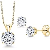 Gem Stone King 14K Yellow Gold White Moissanite Pendant Earrings Jewelry Set For Women | 1.26 Cttw | Gemstone Birthstone | Round 6MM | with 18 Inch Gold Chain