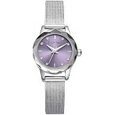 ELLEN TRACY Women's 22mm Round Silvertone Watch, Purple Dial, Crystal Accents, Mesh Band