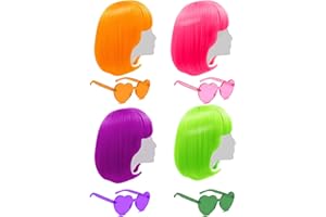 Short Bob Wig, 4 Pack Colorful Wigs, Cosplay Wigs 12" Straight with Flat Bangs, Neon Colored Wig for Women Party Favors Bache