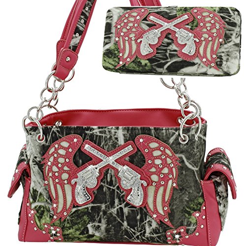 Guns With Wings Camo Rhinestone Purses Comcealed Weapon Handbags With Matching Wallet (PINK)