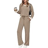 WIHOLL Lounge Sets for Women 2026 V Neck 2 Piece Outfits Airport Wide Leg Pants Matching Set Sweatsuits