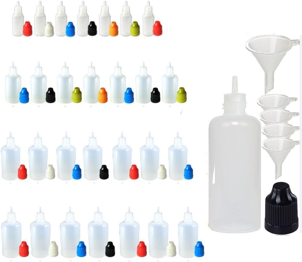 XIAONAN 10 Pack x 30ml LDPE Empty Plastic Squeezable Liquid Juice Oil Eye Dropper Bottles Jars Containers with Funnel - Long Thin Tip - CRC Child Resistant Cap(Bottles + Green Caps + Tips)